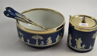 Lot 181 - Wedgwood Jasperware salad bowl and servers with plated mounts and biscuit barrel and cover
