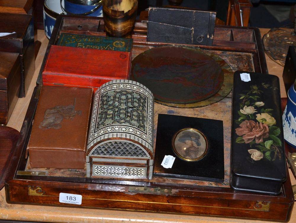 Lot 183 - A Victorian brass inlaid rosewood table desk, a small domed casket, a papier mache glove box, a...