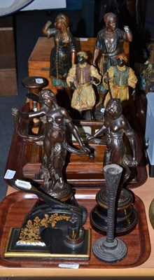 Lot 187 - A pair of cold painted spelter figures of Moors; a similar larger pair of figures; a pair of...