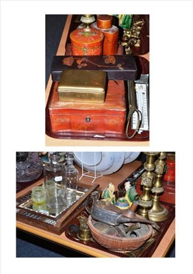 Lot 210 - Two trays including two decanters, lacquer boxes, thermometers, brass candlesticks, a mirror...