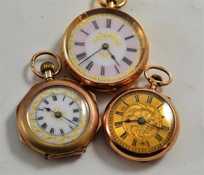 Lot 234 - Three lady's fob watches with two cases stamped '375' and one stamped '14k' (3)