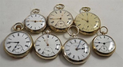 Lot 252 - Five silver open faced pocket watches and two silver fob watches