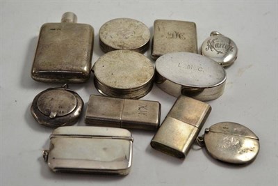 Lot 254 - A silver flask, four silver boxes, two silver vesta cases, two silver Howitt lighters, small silver