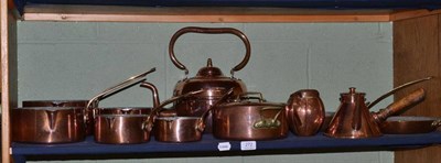 Lot 272 - A set of five copper and brass pans, four skillets, a kettle, dish, etc