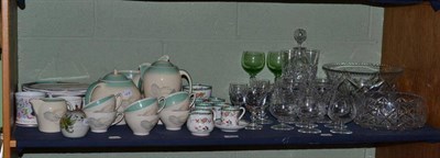 Lot 274 - A shelf lot of cut glass ware and ceramics including a Susie Cooper tea set, a glass decanter...