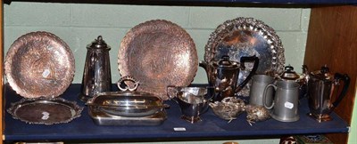 Lot 275 - A shelf lot of plated silver and pewter including a tea set, two salvers and a pair of game birds