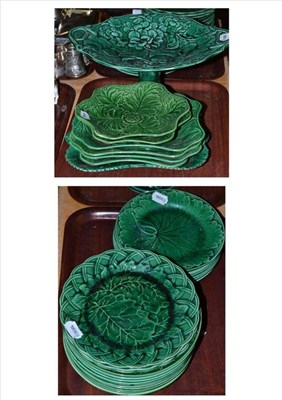 Lot 293 - A collection of assorted green Majolica dessert service items, predominantly Wedgwood