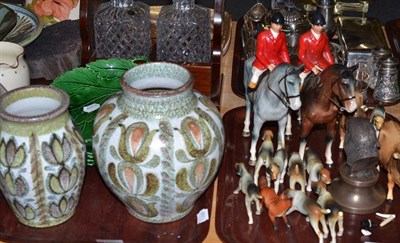 Lot 294 - Two trays of decorative figurines including Beswick, Denby and a two bottle tantalus