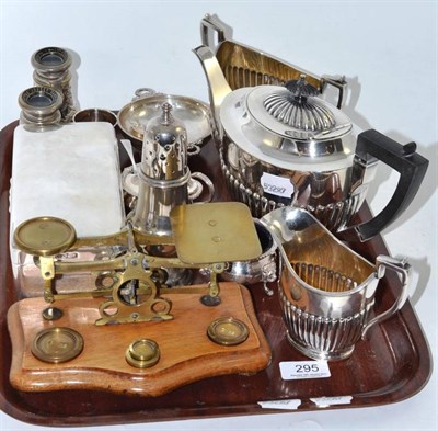 Lot 295 - A tray including a pair of silver cased opera glasses, a silver cigarette box, postal scales,...