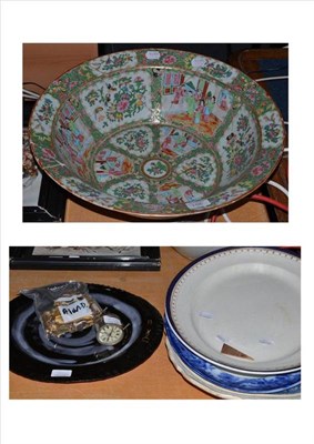 Lot 301 - A large Cantonese porcelain bowl (a.f.), four various meat dishes, a glazed terracotta platter...