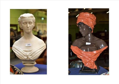 Lot 305 - A Copeland Art Union of London Parian bust of a lady (a.f.) and a painted plaster bust of a negress