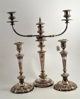 Lot 306 - A pair of plated candlesticks and a plated candelabrum