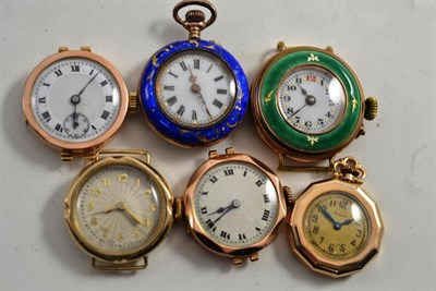 Lot 328 - Three lady's wristwatches with cases stamped 375, blue enamel fob watch (a.f.), gilt metal...