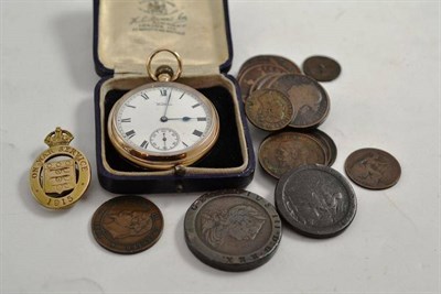 Lot 332 - 9ct gold Waltham watch, coins, J.R.Gaunt & Son London '1915' On War Service badge