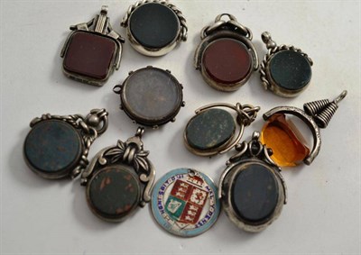 Lot 345 - Nine silver and white metal swivel fobs, a vacant fob and an enamelled coin (drilled)