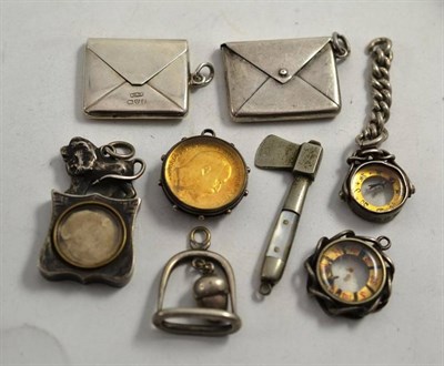 Lot 346 - Eight novelty watch fobs comprising two compasses (needles damaged), two stamp envelopes, a...