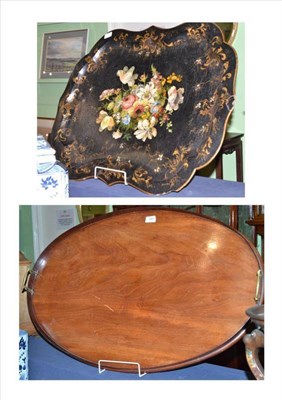 Lot 360 - A large Victorian papier mache tray (a.f.) and a Georgian mahogany oval gallery tray