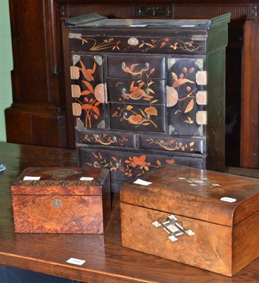 Lot 363 - A Victorian yew wood tea caddy, a Victorian walnut work box and a Japanese lacquer table...