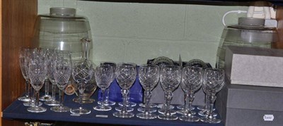 Lot 367 - A shelf of cut glass including Waterford and Edinburgh crystal table wares, two large glass...