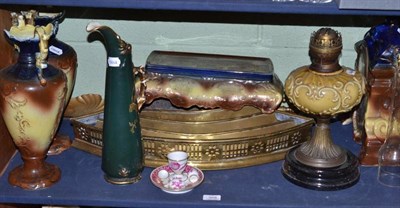 Lot 368 - A three piece companion set, three piece earthenware clock garniture, Victorian oil lamp, egg...