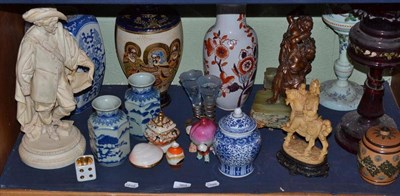 Lot 369 - A shelf of decorative ceramics including Parian figure of a Cavalier, Japanese satsuma vase,...