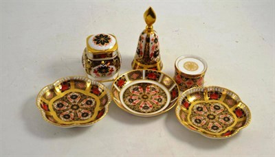 Lot 382 - A collection of small Royal Crown Derby including a mustard pot and cover, bell ornament, drum...