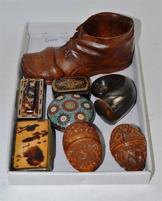 Lot 389 - A treen boot, snuff boxes, cloisonne jar and cover and two carved coquille nuts