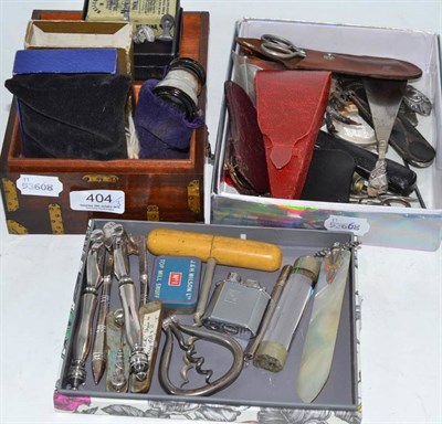 Lot 404 - Three boxes of collectables, pen knives, magnifier in case, opera glasses, etc