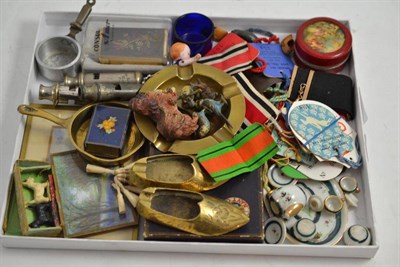 Lot 405 - Assorted miniature cold painted bronzes, three police whistles, Grand National admission...