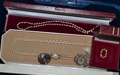 Lot 411 - A box containing a diamond set bar brooch, assorted silver and costume jewellery