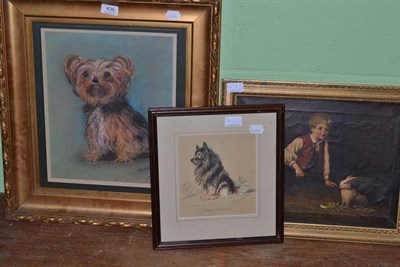 Lot 438 - Pastel depicting terriers and two other pictures