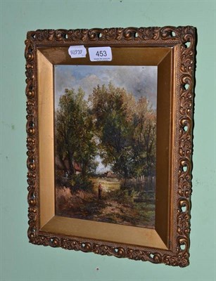 Lot 453 - English school 19th century, rural scene with a figure on tree lined lane, oil on board