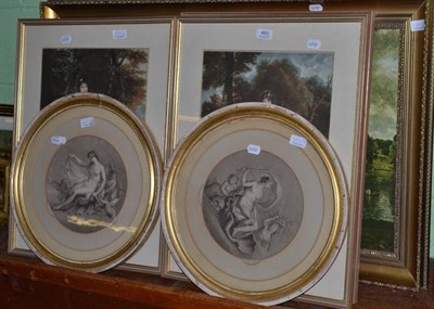 Lot 460 - A set of three mezzotint engravings of 18th century families; a pair of circular stipple engravings