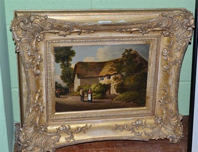 Lot 462 - English school 19th century, figures on a lane by a thatched cottage, oil on panel