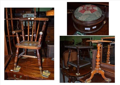 Lot 519 - A Victorian walnut two tier occasional table, a tripod table, a footstool and a child's Windsor...