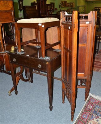 Lot 523 - A pitch pine small three leaf screen, a dressing stool, a single drawer side cabinet and a...