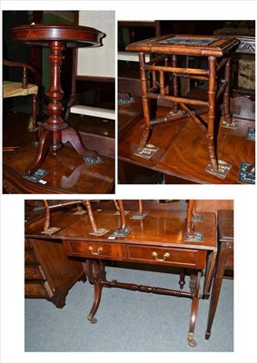 Lot 524 - A reproduction mahogany sofa table, a Victorian tripod table and a bamboo tiled top jardiniere...