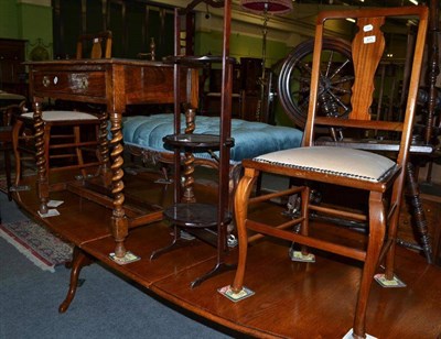 Lot 611 - A oak single drawer side table, a mahogany folding cake stand and a pair of bedroom chairs