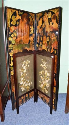 Lot 621 - A Victorian two leaf scrapwork screen and a small glazed mahogany two leaf screen set with...