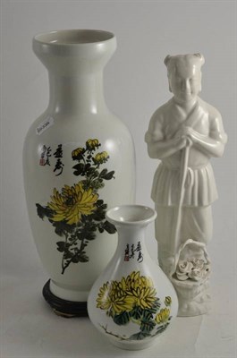 Lot 3 - Two similar modern Chinese baluster vases and white glazed figure of the gardener and one...