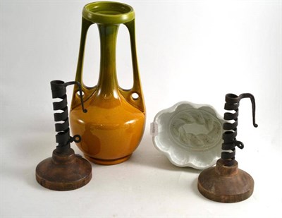 Lot 4 - Bretby vase, pair of candlesticks and jelly mould