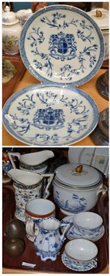 Lot 15 - Pair of blue and white circular chargers, two Victorian jugs, Samson mug, two bronze fruit...