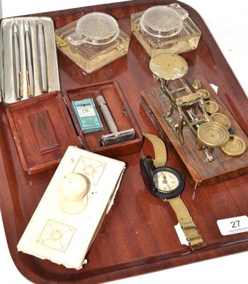 Lot 27 - S Mordan & Co brass postal scales with weights, compass with webbed strap, two glass inkwells,...