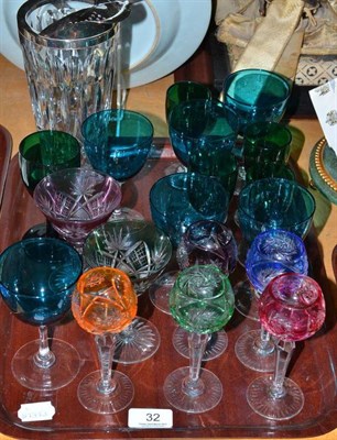 Lot 32 - Assorted coloured glassware and cut glass mixed with plated mounts (one tray)
