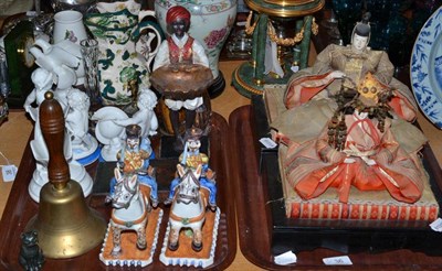 Lot 36 - Assorted decorative ceramics, two seated Japanese dolls on plinth bases (two trays) and a...