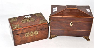 Lot 37 - Mahogany inlaid tea caddy and a walnut box with brass mounts (2)