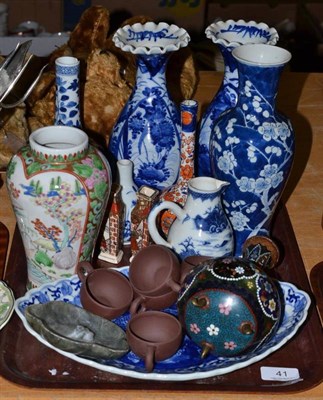 Lot 41 - Pair of blue and white Chinese vases, Satsuma small vases, Oriental wares etc (one tray)