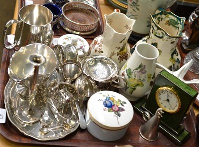 Lot 43 - Modern Garrard mantel clock, Mason's pottery jugs, WMF oval plated tray, silver and plated...