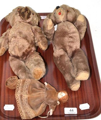 Lot 44 - Two jointed teddy bears and a modern bisque miniature doll (3)
