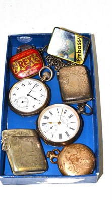 Lot 48 - W E Watts silver pocket watch, another stamped '935', two vestas, silver albert chain, fob etc